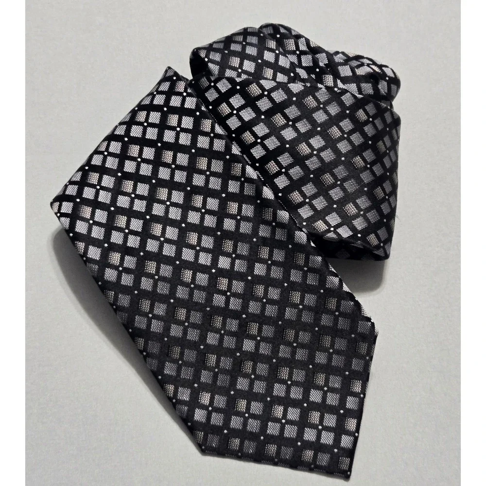 John Ashford Necktie Silk Stain Resistant Geometric Black Grey 3.5x61